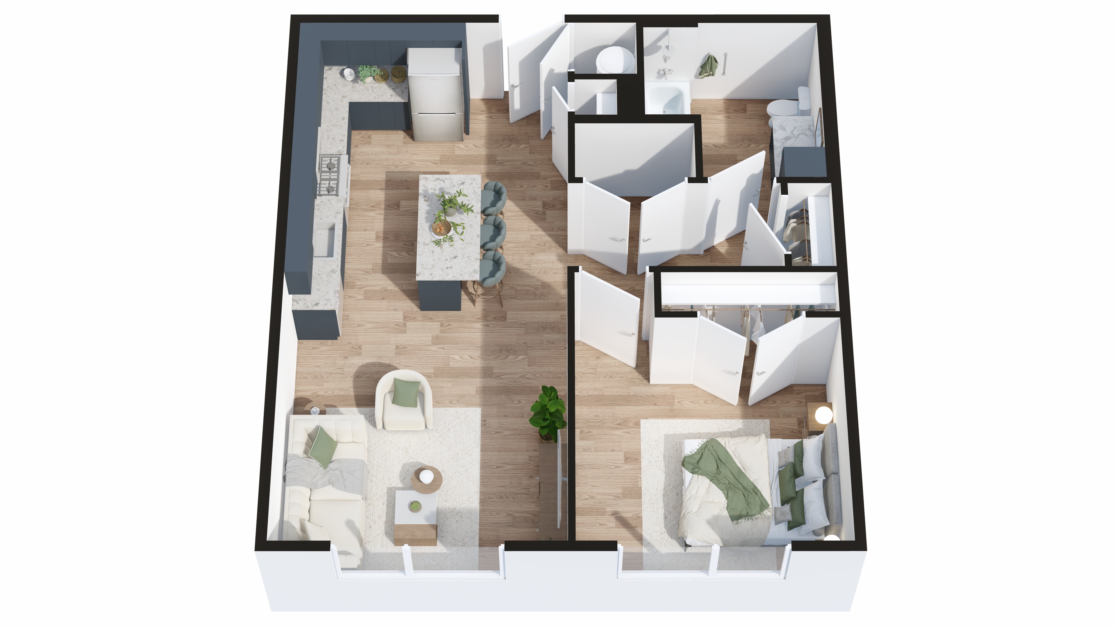 A top-down view of a modern apartment layout with a kitchen, living room, and dining area.